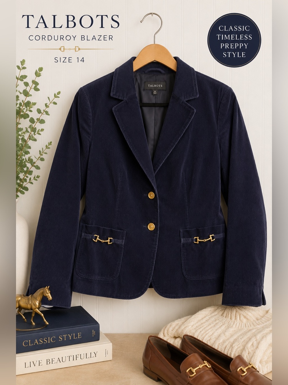 Talbots Navy Corduroy Blazer Jacket Gold Horsebit Detail Size 14 Preppy
